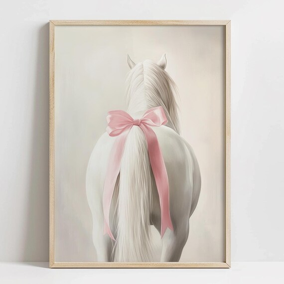 Coquette White Horse Print, Pink Bow Western Art