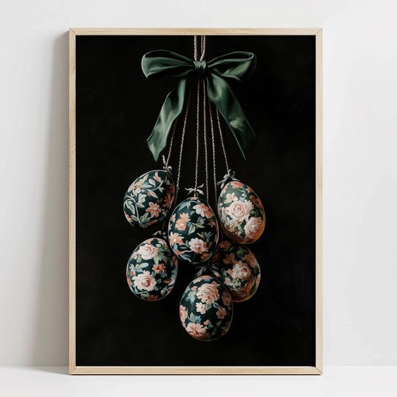 Moody Vintage Floral Easter Eggs Hanging From Green Bow Poster
