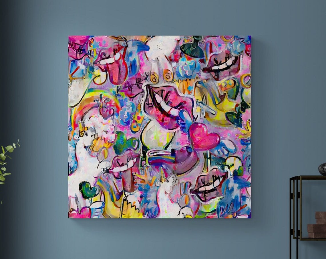Playful Pop Lips and Hearts Abstract Graffiti Style Canvas Poster