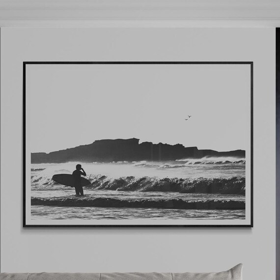Fine Art Minimalist Surf Print Framed Black And White Ocean Waves Photography Beach Surfing Wall Home Decor