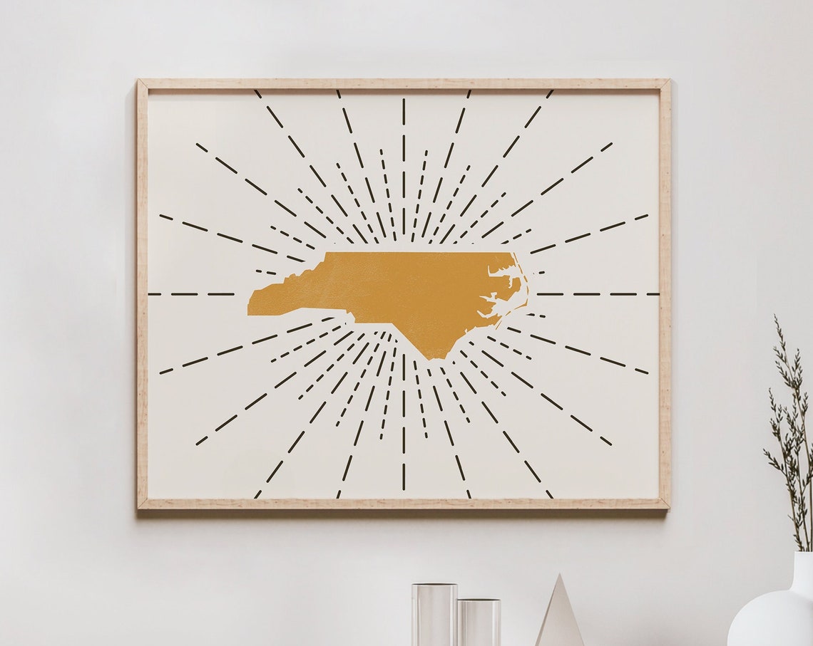 North Carolina State Map Golden Boho Sunburst Travel Decor Poster