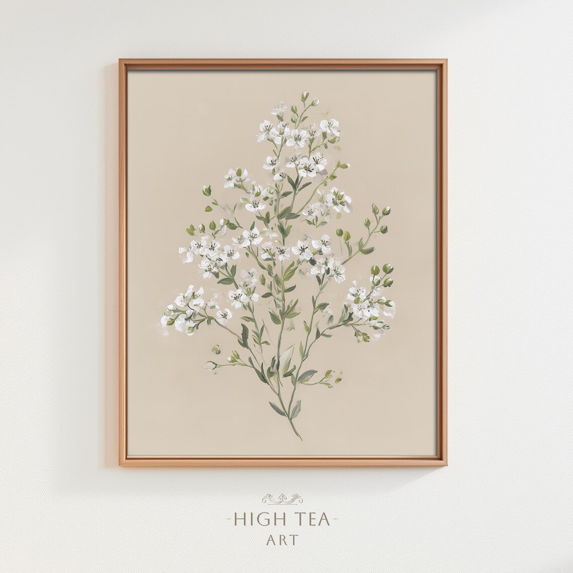 Vintage White Flowers Oil Painting Babys Breath Botanical Neutral Poster