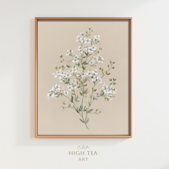 Vintage White Flowers Oil Painting Babys Breath Botanical Neutral Poster