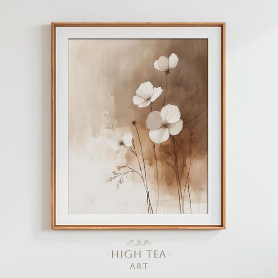 Muted Neutral Tones White Flower Art Print Japandi Style Minimalist Watercolor Oil Painting Abstract Hta166