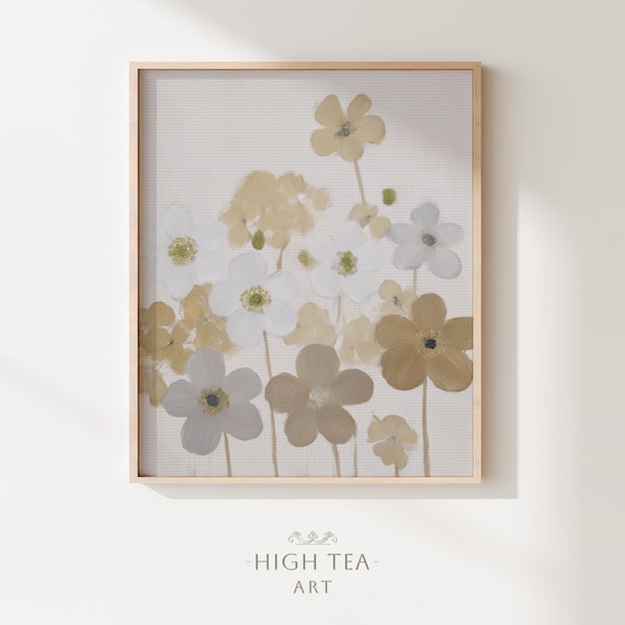 Minimal White Beige Flowers Neutral Botanical Linen Canvas Print