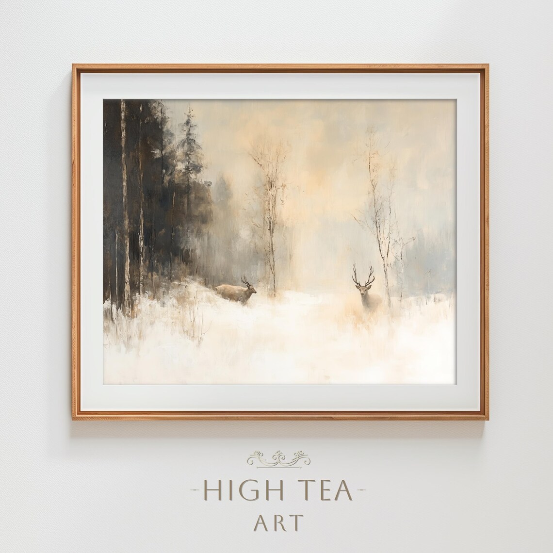 Vintage Deer Winter Forest Oil Painting Art Print