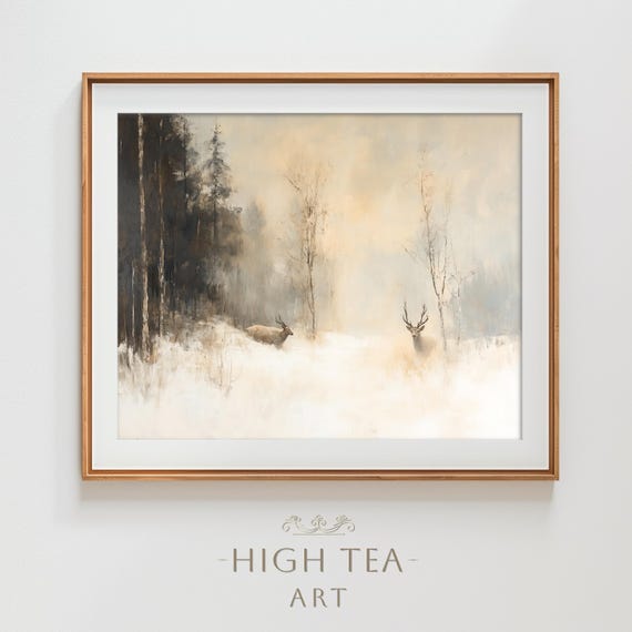 Vintage Deer Winter Forest Oil Painting Art Print
