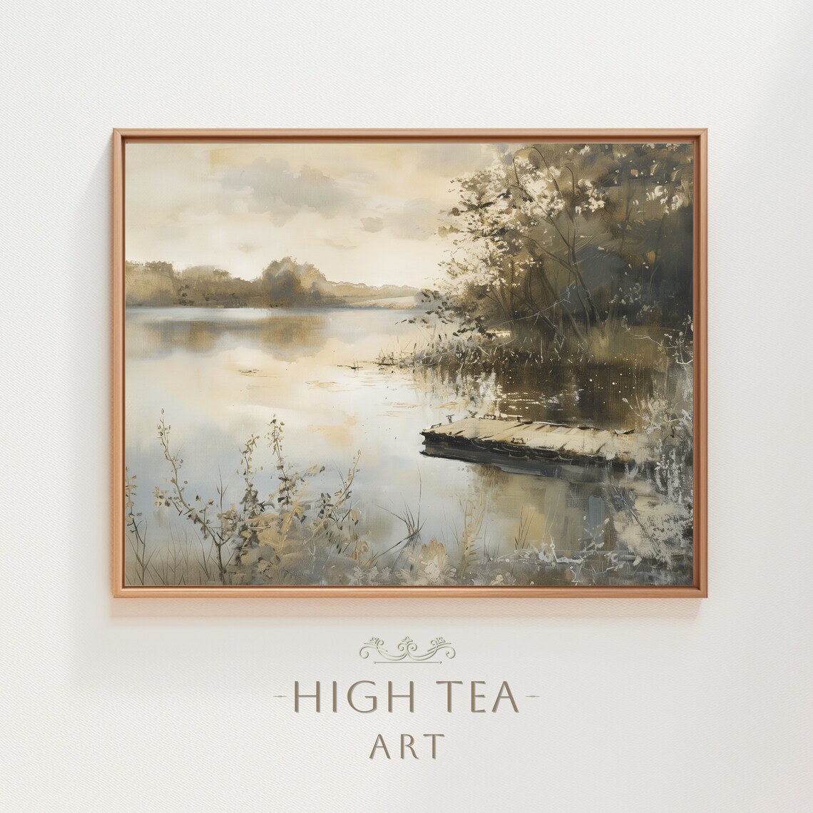 Muted Lakeside Jetty Vintage Lake Landscape Art Print