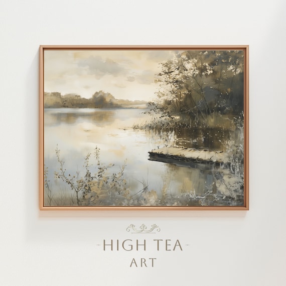 Muted Lakeside Jetty Vintage Lake Landscape Art Print