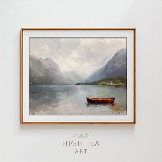 Mist Fjord Lake Red Rowboat Oil Painting Nordic Landscape Wall Art