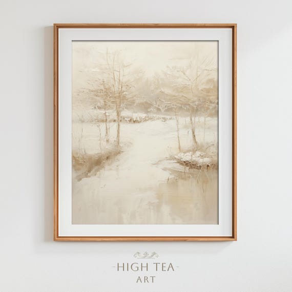 Abstract Winter Frozen Lake Oil Painting Art Print Snow Capped Trees Neutral Muted Beige Wall Decor Hta248
