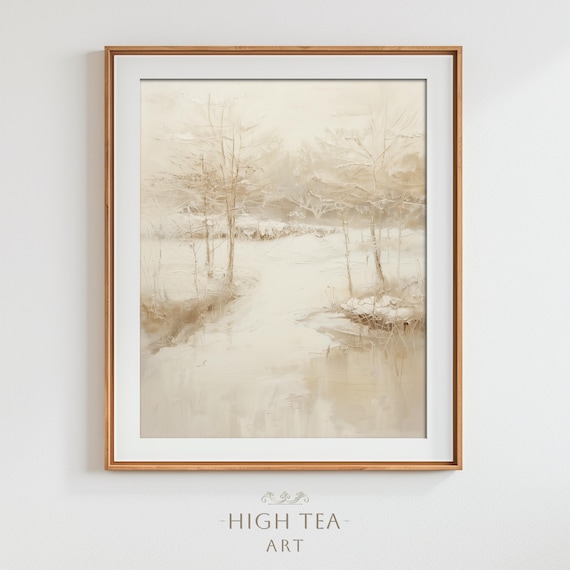 Frozen Lake Winter Forest Neutral Abstract Oil Painting Print