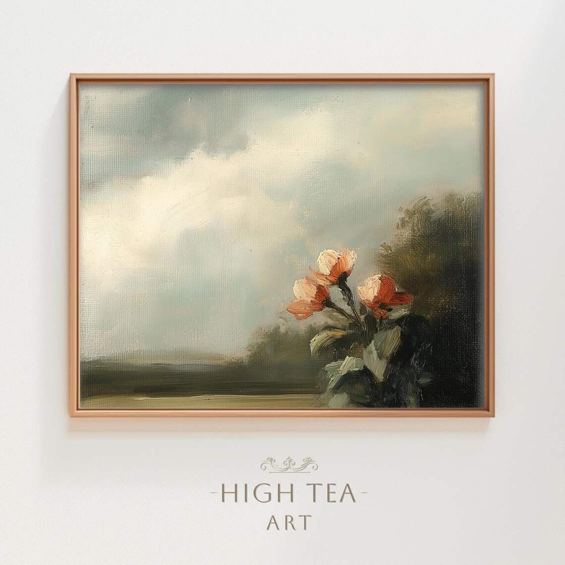 Moody Country Landscape Oil Painting Poster with Terracotta Flowers