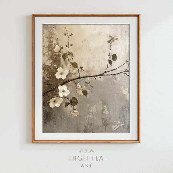 Abstract Japandi Style Blossom Flowers Oil Painting Neutral Muted Soft Tones Branch Leaves Art Print Hta152