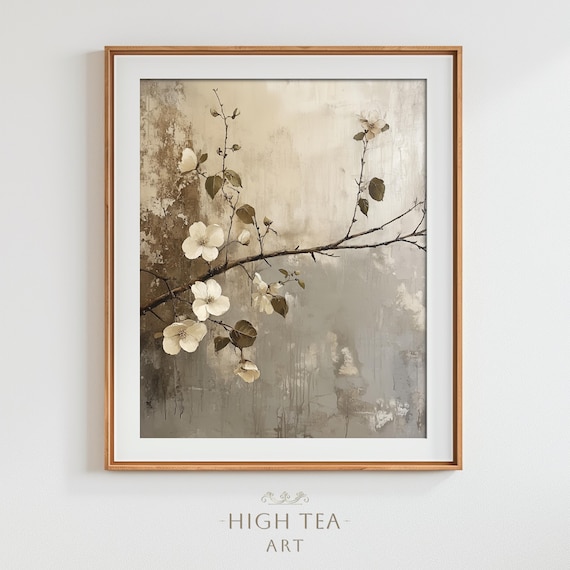 White Blossom Branch on Weathered Gray Elegant Botanical Art Poster