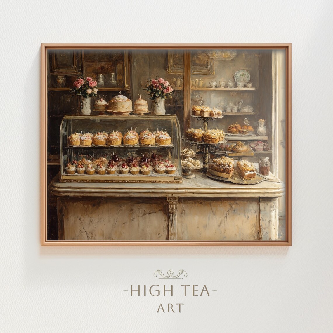 Vintage French Patisserie Bakery Oil Painting Print Cake Display Marble Counter Art