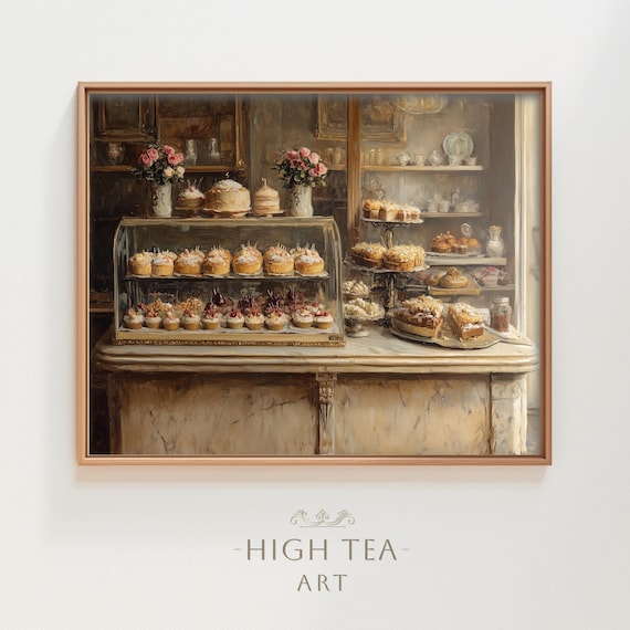Vintage French Patisserie Bakery Oil Painting Print Cake Display Marble Counter Art
