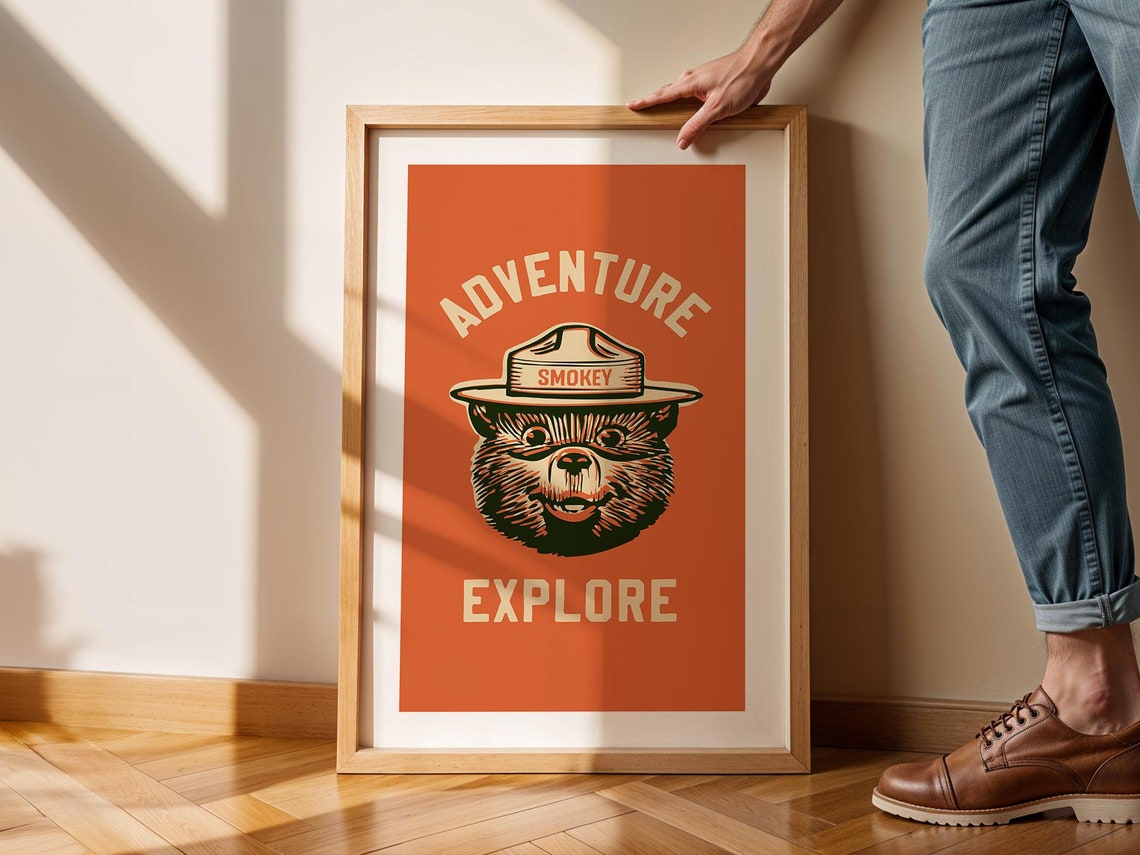 Smokey Bear Adventure Explore Retro Ranger Mascot Art Poster