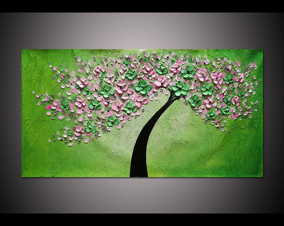 Hand Painted Large Art Abstract Green Pink Cherry Blossom Tree Oil Painting On Art Pink Green Flower Oil Painting Palette Knife Art