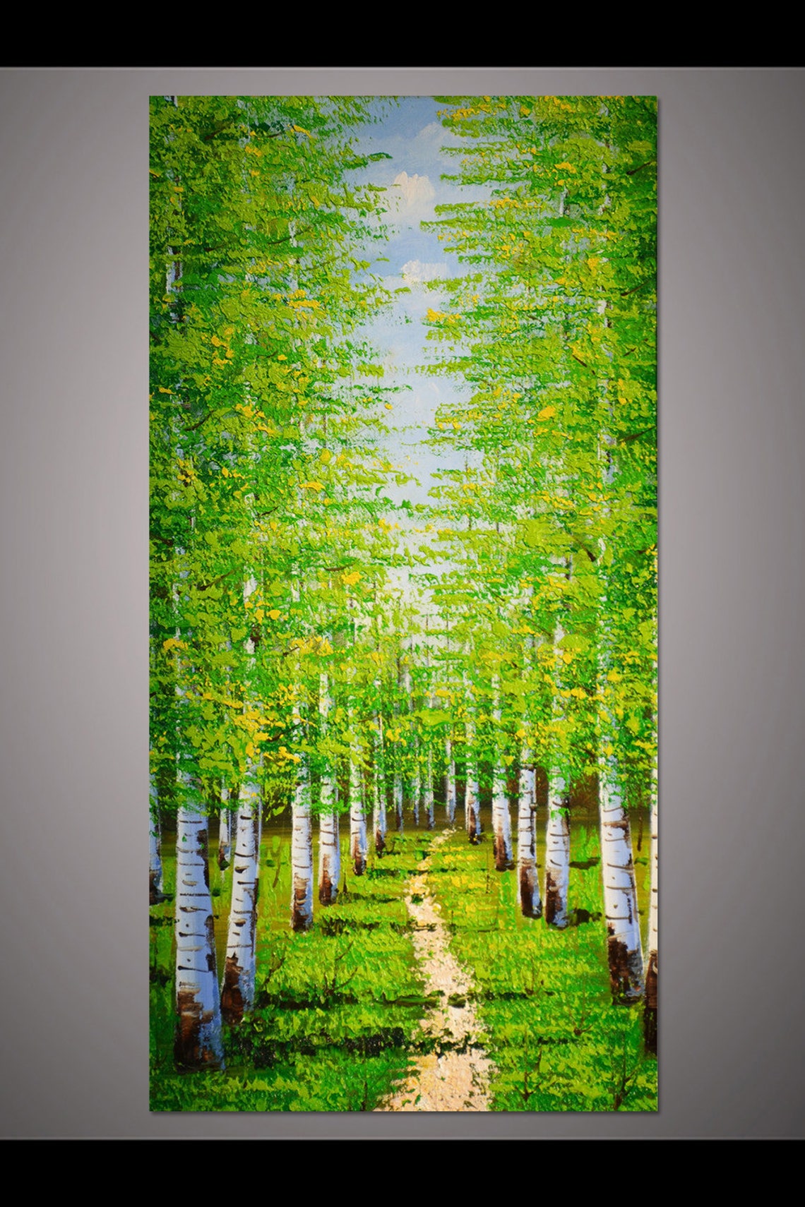 Green Birch Forest Path Tall Sunlit Palette Knife Landscape Poster