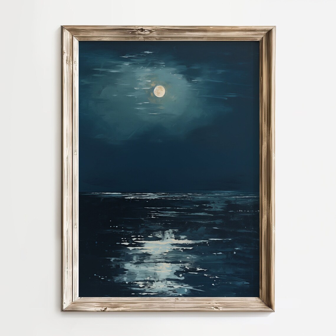 Moody Ocean Landscape Art Print, Vintage Moonlight Night