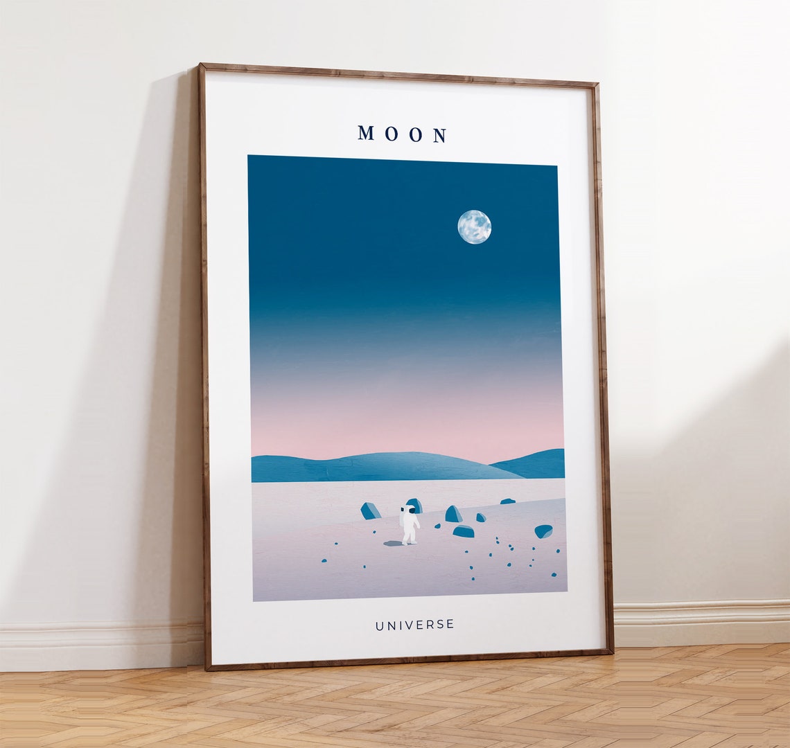Moon Universe Astronaut Lunar Landscape Blue Night Space Poster