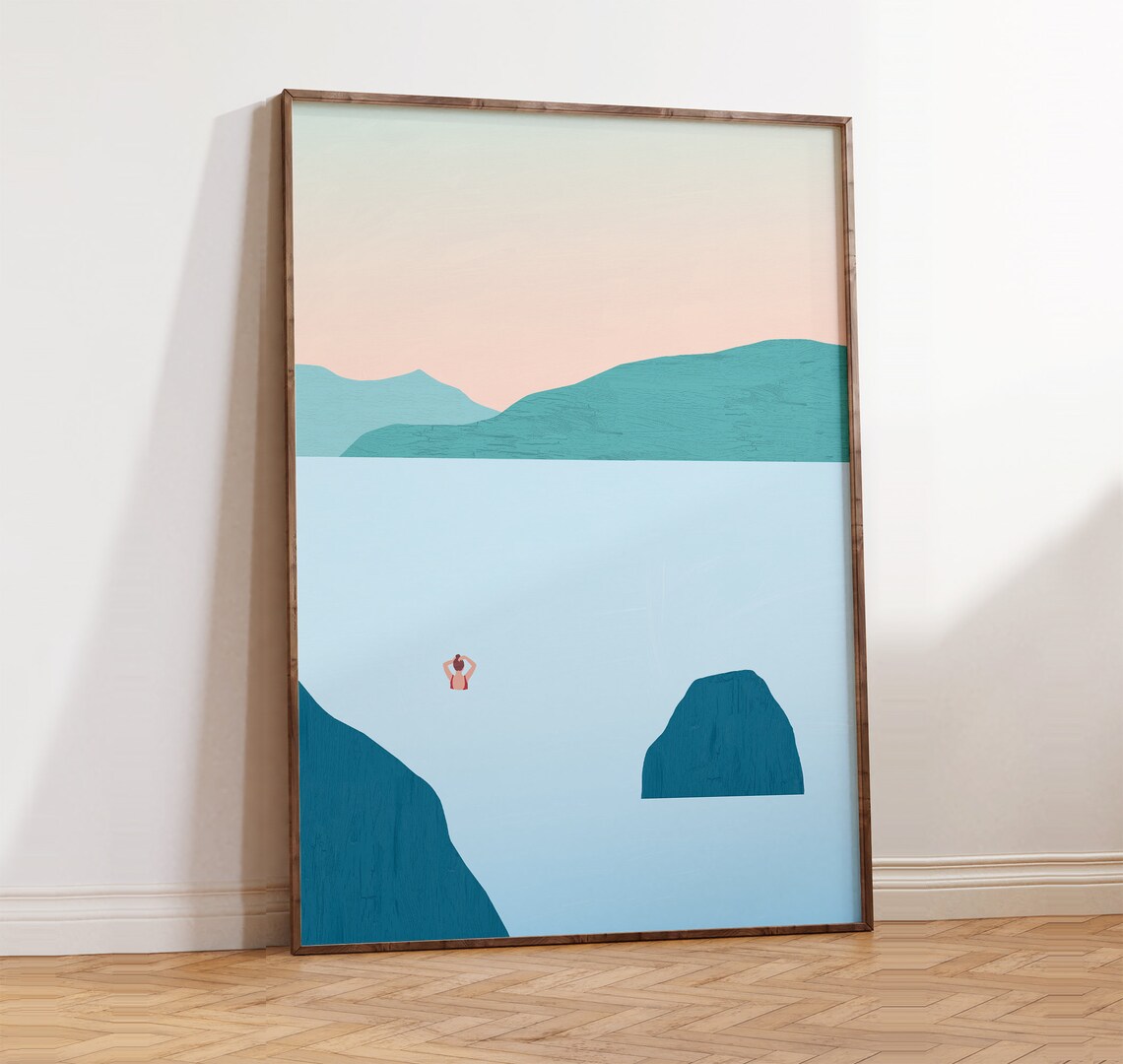 Lake Swimming Print, Minimalist Summer Landscape