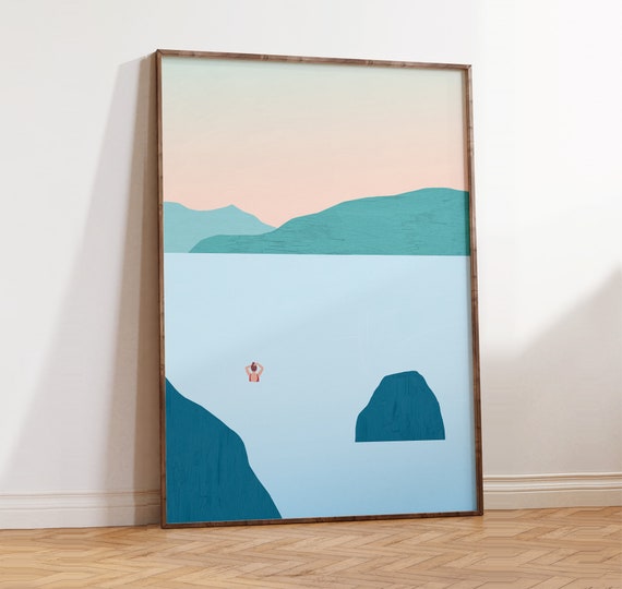 Lake Swimming Print, Minimalist Summer Landscape