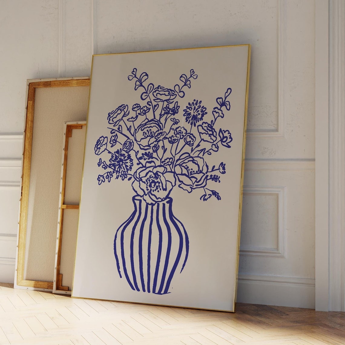 Blue Floral Bouquet Striped Vase Line Art On Cream Wall Poster