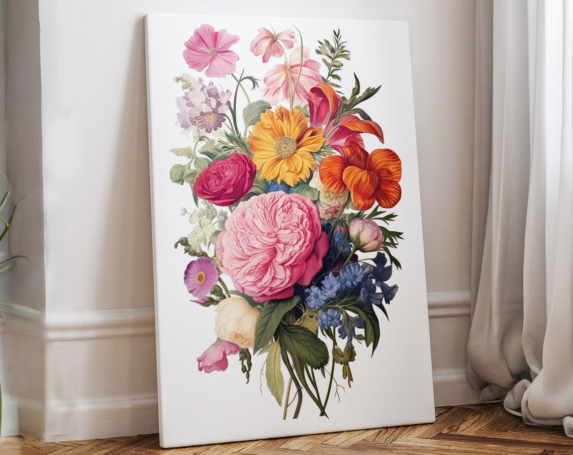 Pink Peony Wildflower Bouquet Vintage Botanical White Canvas Wall Art