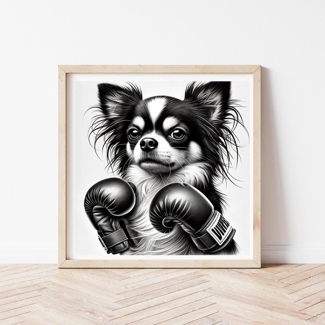 Chihuahua Boxer Boxing Gloves Black White Funny Dog Sport Art Poster