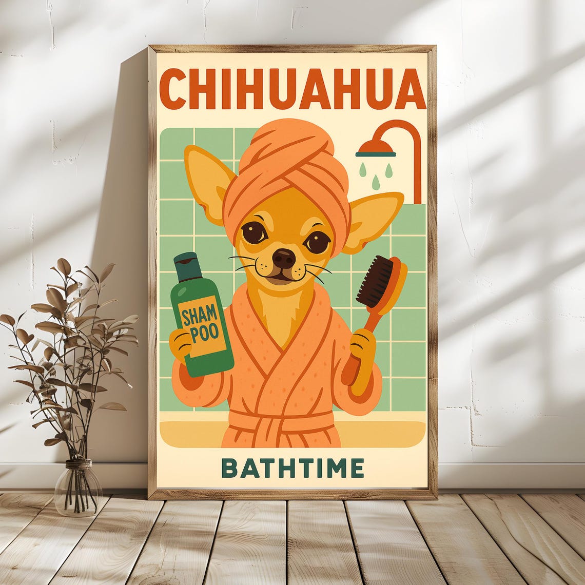 Chihuahua Bathtime Poster Retro Cartoon Dog Spa Bathroom Wall Decor