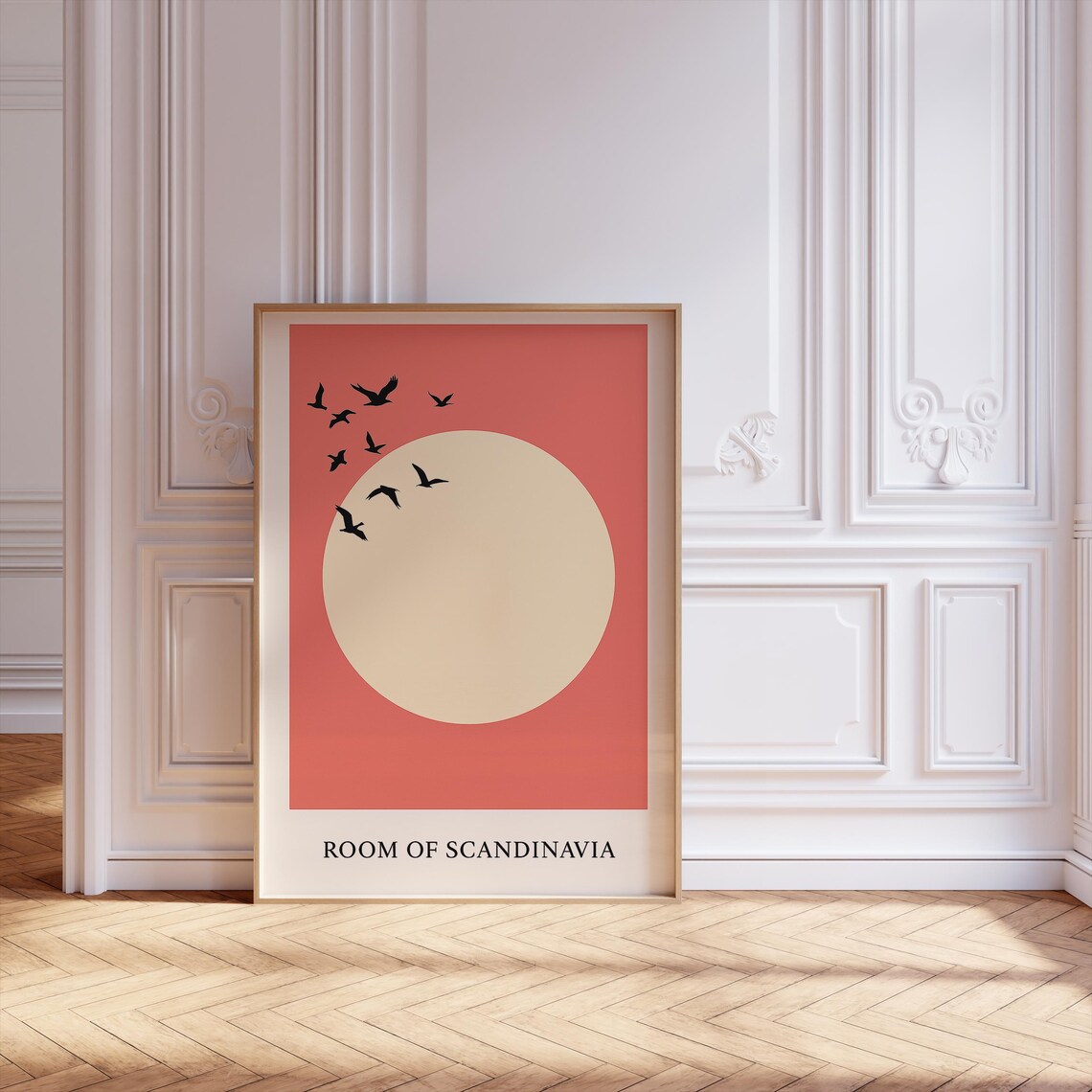 Japanese Art Print, Japandi Minimalist Red Sun And Birds