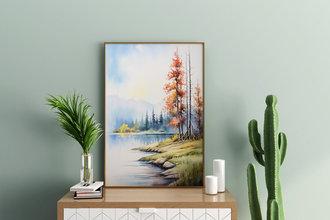 Sunset Lake With Autumn Tree Rocky Shore Mountain Watercolor Poster - Image 2
