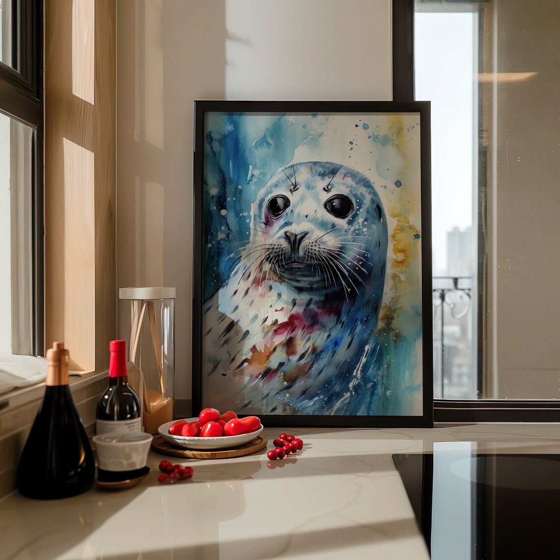 Seal Colorful Watercolor Portrait Pup Blue Splash Marine Art Poster - Image 4