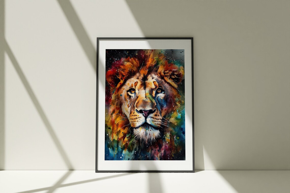 Lion Colorful Watercolor Portrait Fiery Mane Dark Splash Art Poster - Image 5