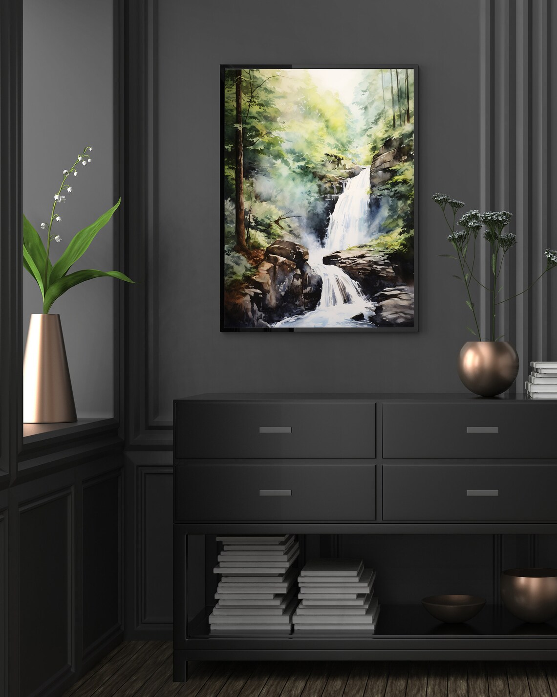 Forest Waterfall Watercolor Green Misty Rocks River Scene Poster - Image 4