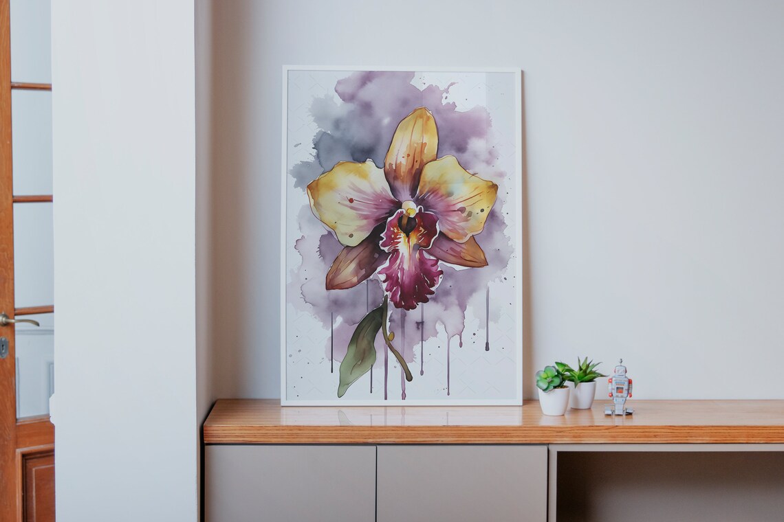 Gold Magenta Orchid Watercolor Exotic Bloom Purple Splash Art Poster - Image 4