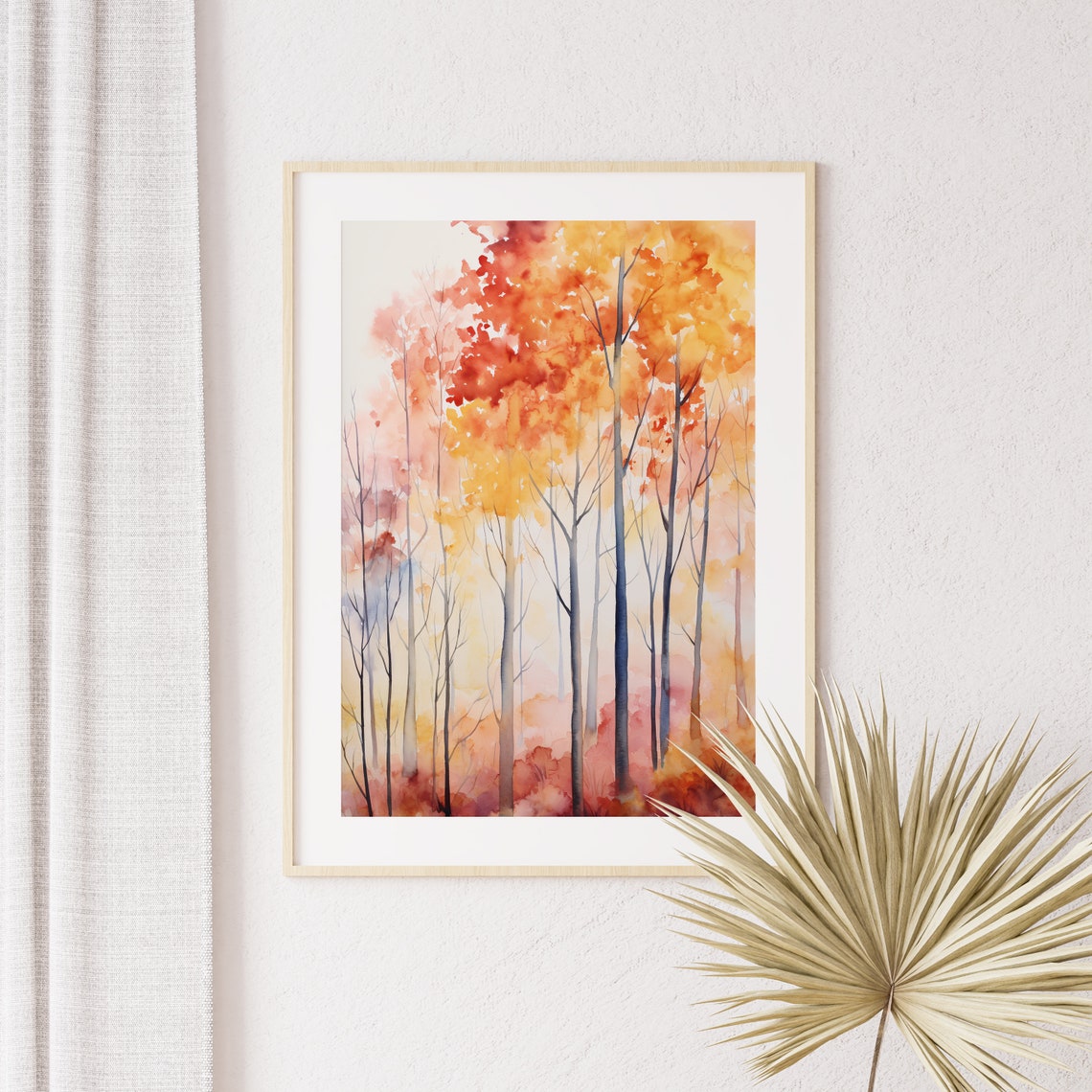 Tall Autumn Trees Red Yellow Foliage Misty Watercolor Poster - Image 2
