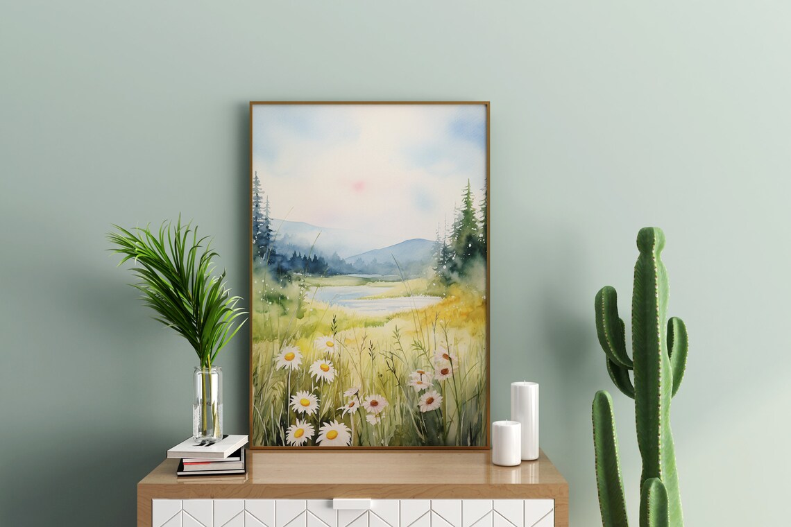 White Daisy Field Watercolor Meadow Lake Wildflowers Art Poster - Image 4