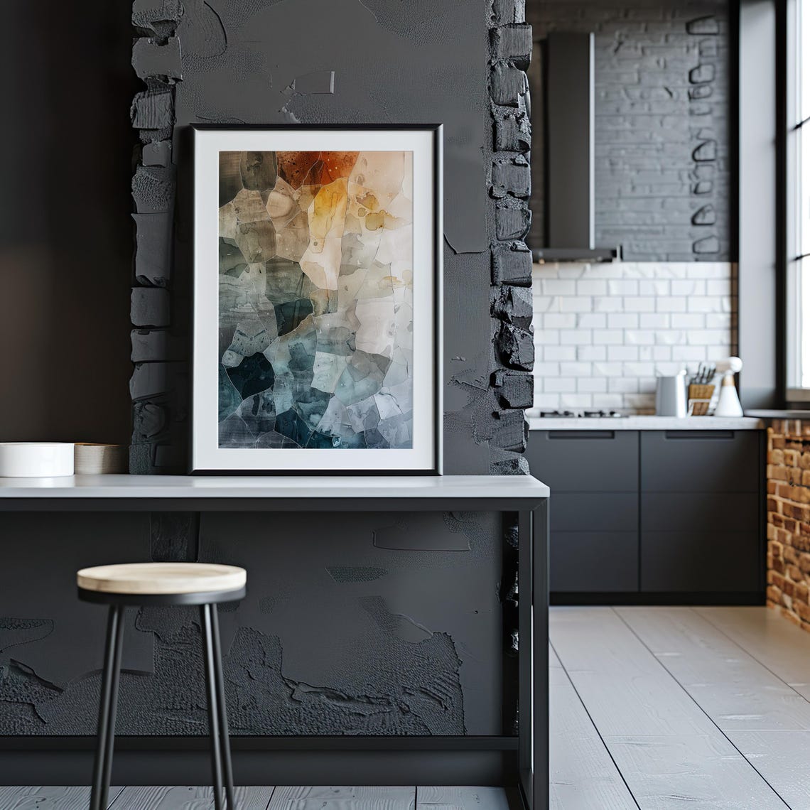 Abstract Stone Mosaic Watercolor Neutral Beige Blue Art Poster - Image 2
