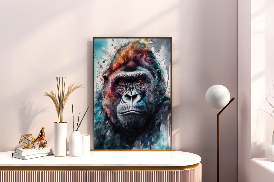 Gorilla Face Watercolor Splash Portrait Bold Wildlife Art Poster - Image 4