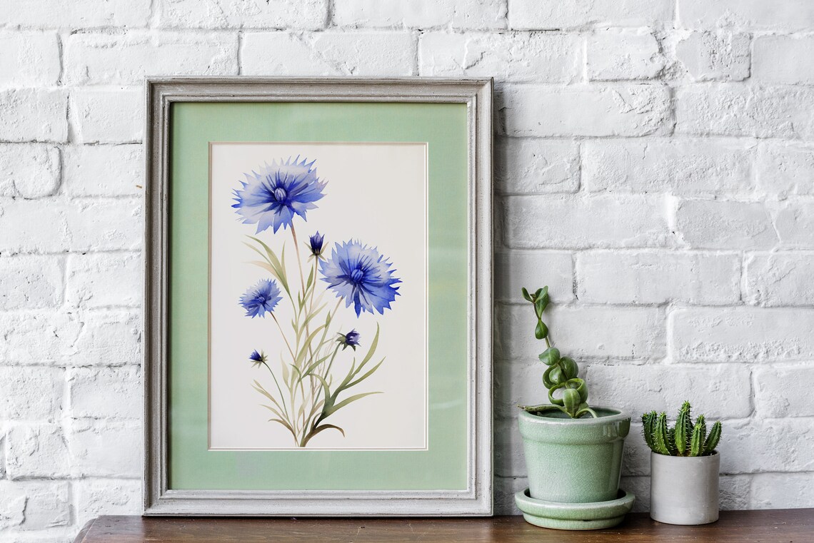 Blue Cornflower Stem Bouquet Watercolor Botanical Art Poster - Image 2