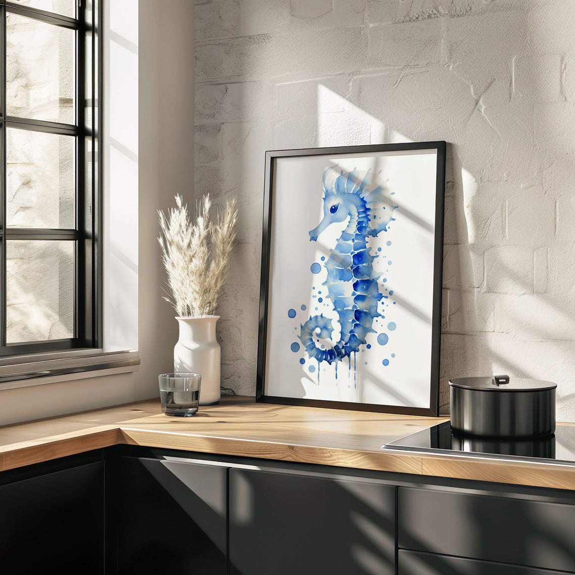 Blue Seahorse with Bubble Splash Watercolor Ocean Art Poster - Image 4
