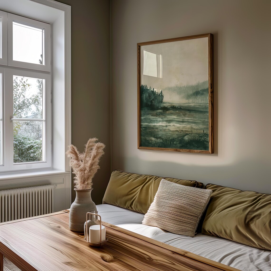 Misty Forest Lake Watercolor Green Gray Calm Landscape Art Poster - Image 3