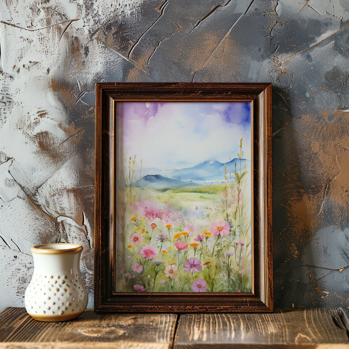 Pastel Wildflower Meadow Watercolor Painting Poster with Soft Mountain Views - Image 3