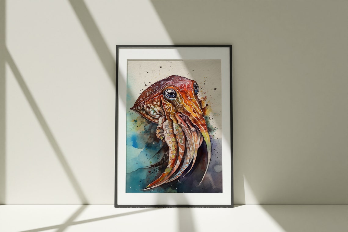 Fiery Orange Cuttlefish Watercolor Sea Creature Marine Art Poster - Image 4