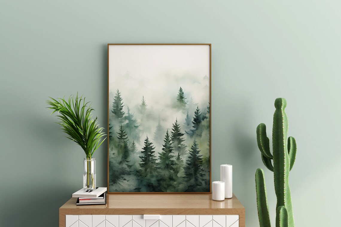 Green Foggy Fir Forest Watercolor Painting Poster for Calm Bedrooms - Image 5