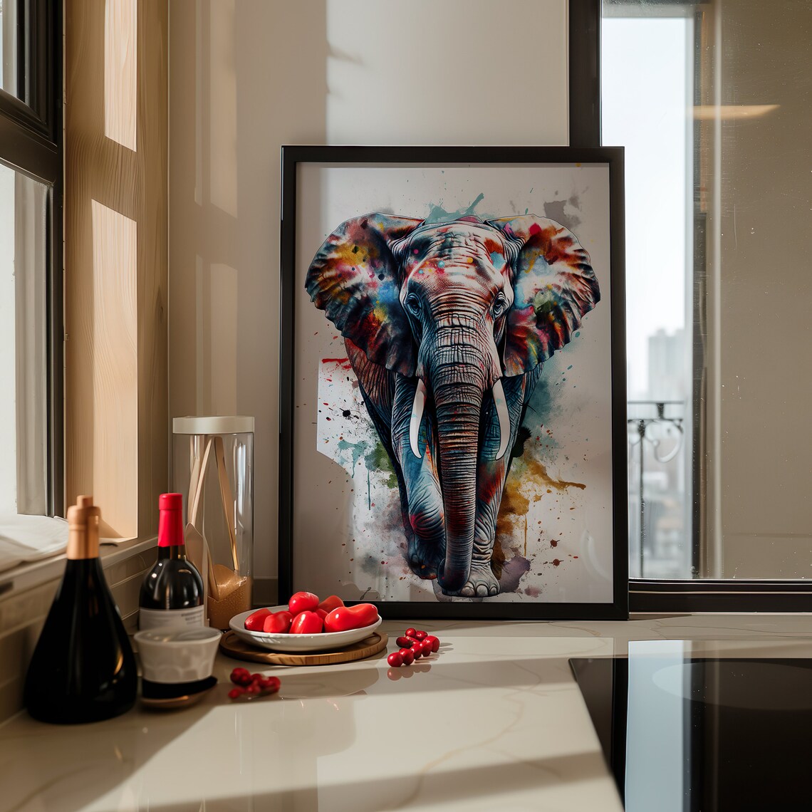 Elephant Watercolor Portrait Colorful Splash Wildlife Art Poster - Image 3