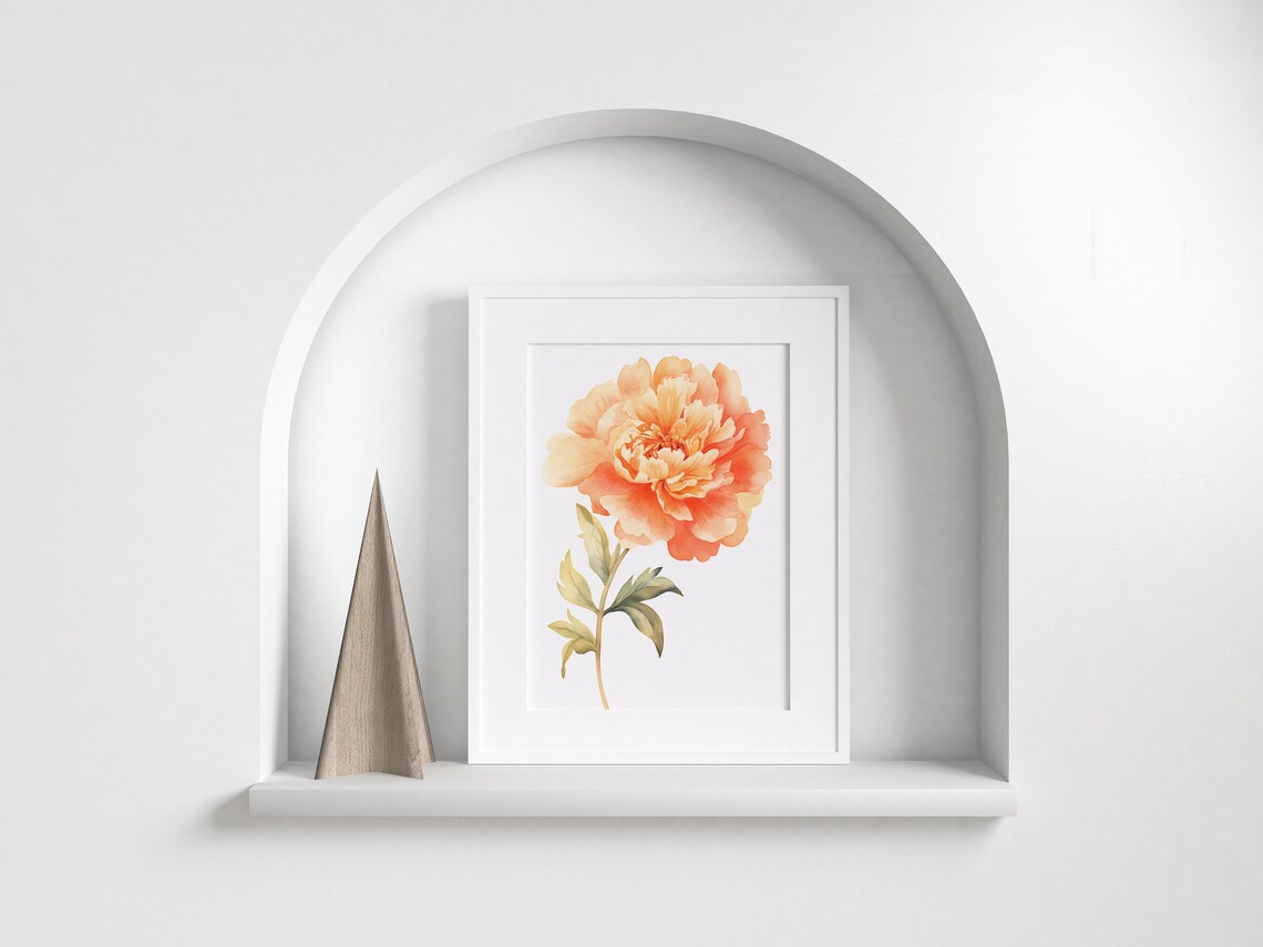 Peach Orange Peony Lush Bloom Watercolor Detailed Floral Art Poster - Image 5